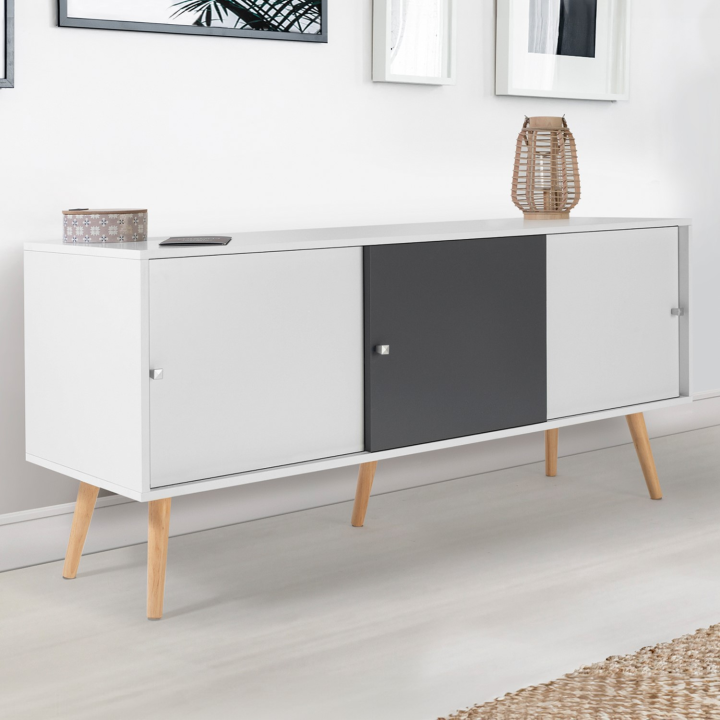 Buffet bas scandinave 135 cm EFFIE 3 portes bois blanc et gris