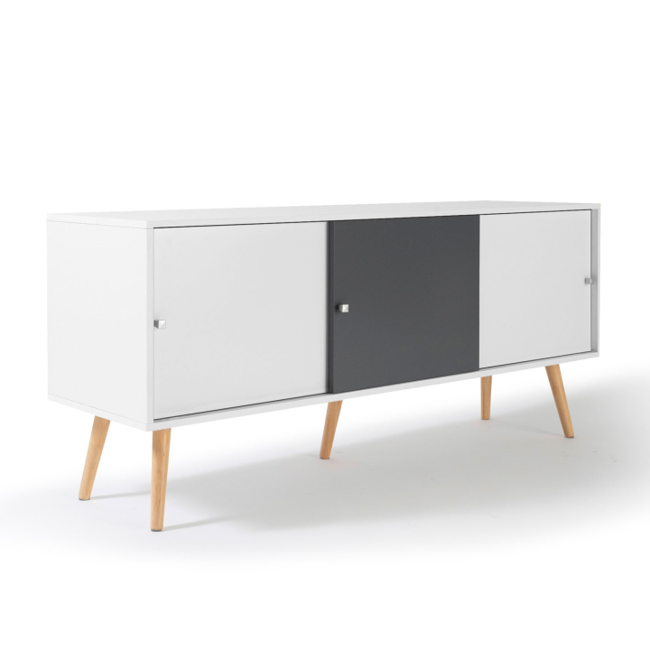 Buffet bas scandinave 135 cm EFFIE 3 portes bois blanc et gris