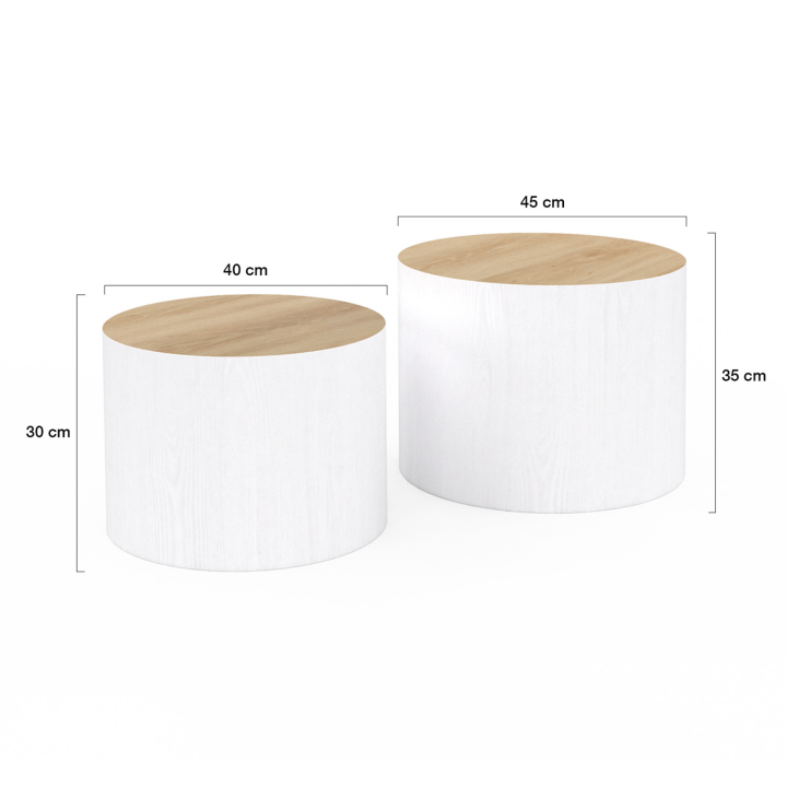 Lot de 2 tables basses cylindres gigognes GALIA bois et blanc