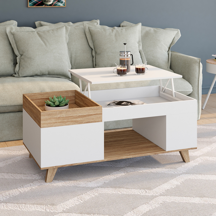 Mesa de centro rectangular de madera y blanca con tablero elevable y caja - LOLA | ID Market