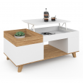 Table basse rectangulaire plateau relevable et plateau amovible avec coffre LOLA bois et blanc 