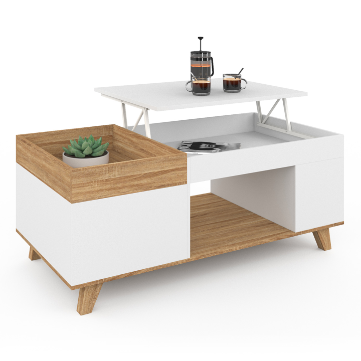 Mesa de centro rectangular de madera y blanca con tablero elevable y caja - LOLA | ID Market