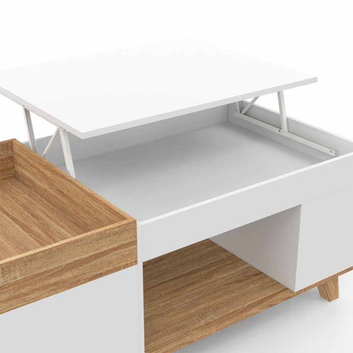 Mesa de centro rectangular de madera y blanca con tablero elevable y caja - LOLA | ID Market