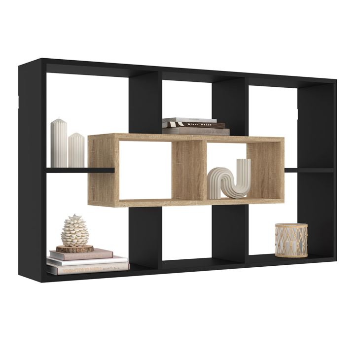 Etagère murale COLETTE avec 8 compartiments noir et effet bois