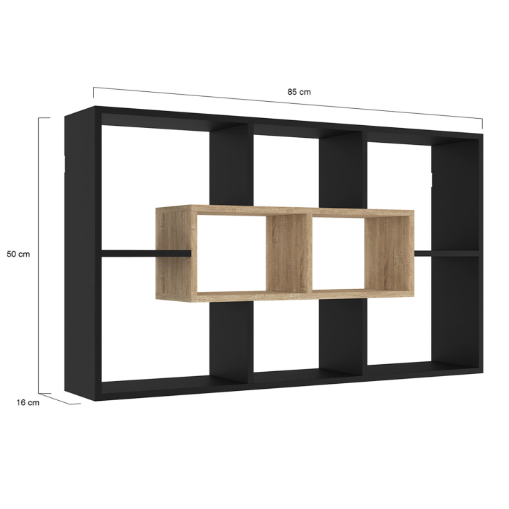 Etagère murale COLETTE avec 8 compartiments noir et effet bois