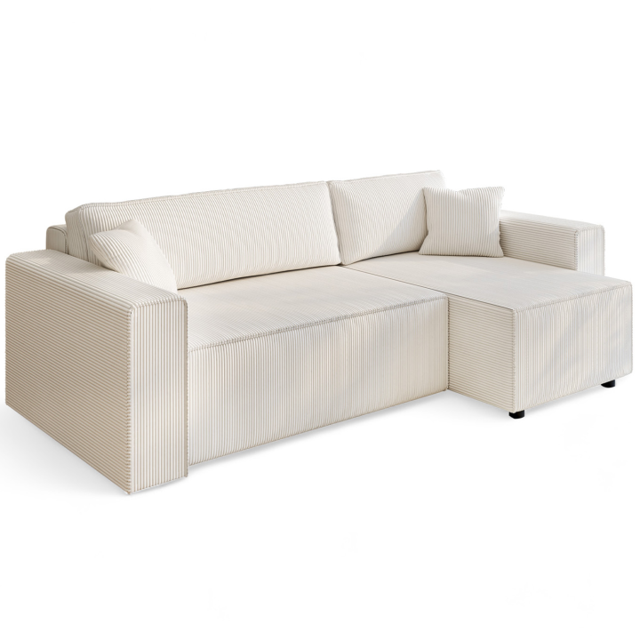 Canapé d'angle convertible et réversible JADE 240 cm avec coffre de rangement en velours cotelé beige