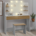 Coiffeuse ZELIA blanc et hêtre table de maquillage 4 étagères, miroir LED et tabouret