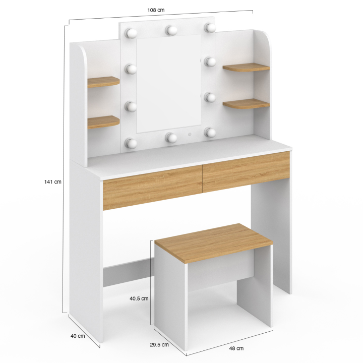 Coiffeuse ZELIA blanc et hêtre table de maquillage 4 étagères, miroir LED et tabouret