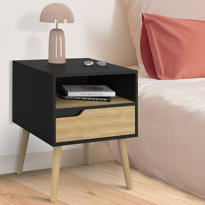 Mesillas de noche escandinavas en madera negra y 1 cajón en efecto haya - HELSINKI | IDMarket