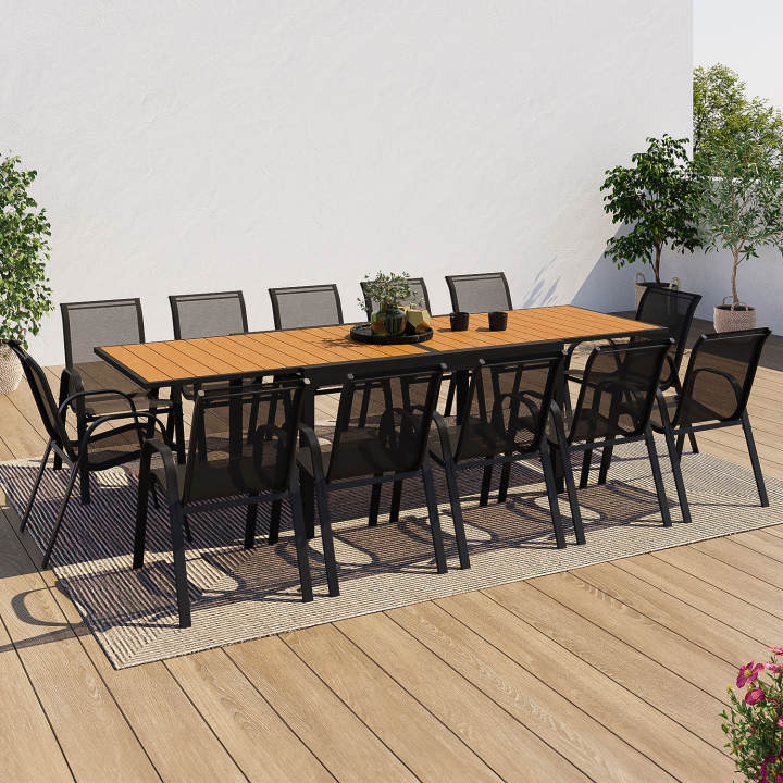 Salon de jardin POLY extensible table 135-270 CM et 12 chaises bois et noir