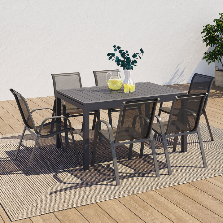 Salon de jardin POLY extensible table 135-270 CM et 12 chaises gris foncé