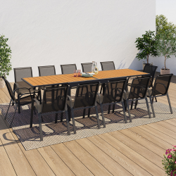 Salon de jardin POLY extensible table 135-270 CM et 12 chaises bois et gris foncé