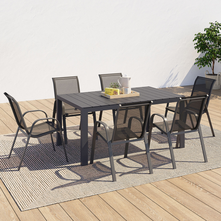 Salon de jardin POLY table 150 CM et 6 chaises empilables gris anthracite