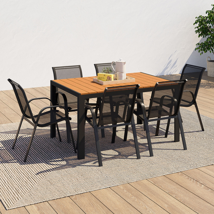 Salon de jardin POLY table 150 CM et 6 chaises empilables bois et noir