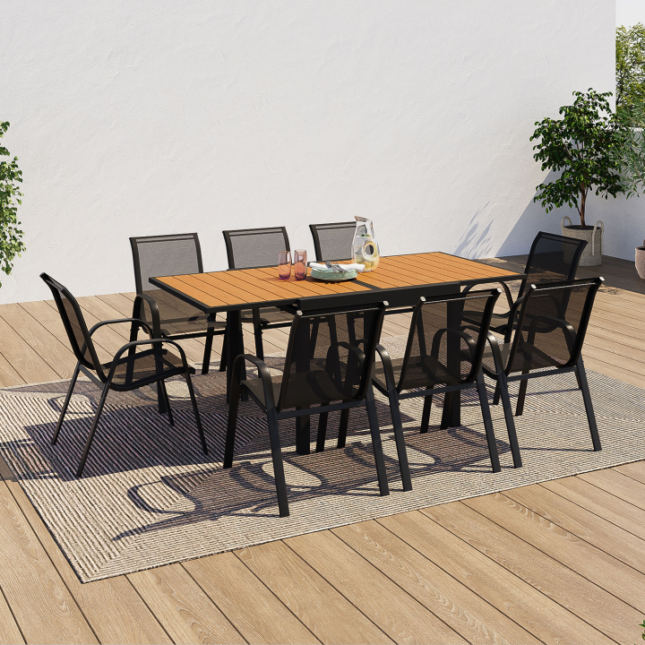 Salon de jardin POLY extensible table 90-180 CM et 8 chaises bois et noir