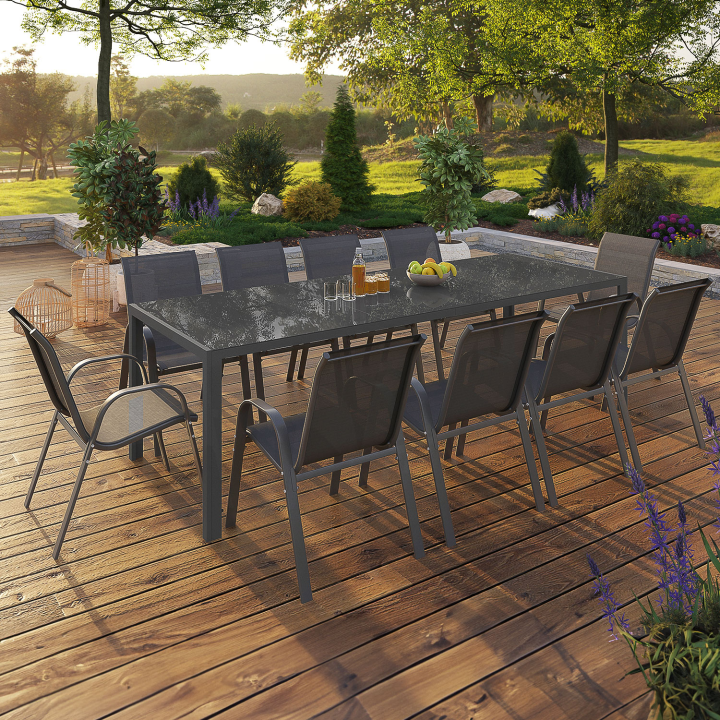 Salon de jardin MADRID table 240 CM et 10 chaises empilables gris anthracite