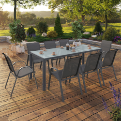 Salon de jardin MADRID table 190 CM et 8 chaises empilables gris anthracite plateau clair