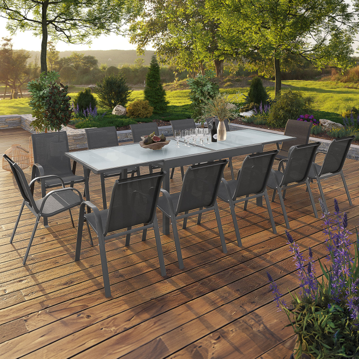 Salon de jardin MADRID table extensible 135-270 CM et 12 chaises empilables gris anthracite