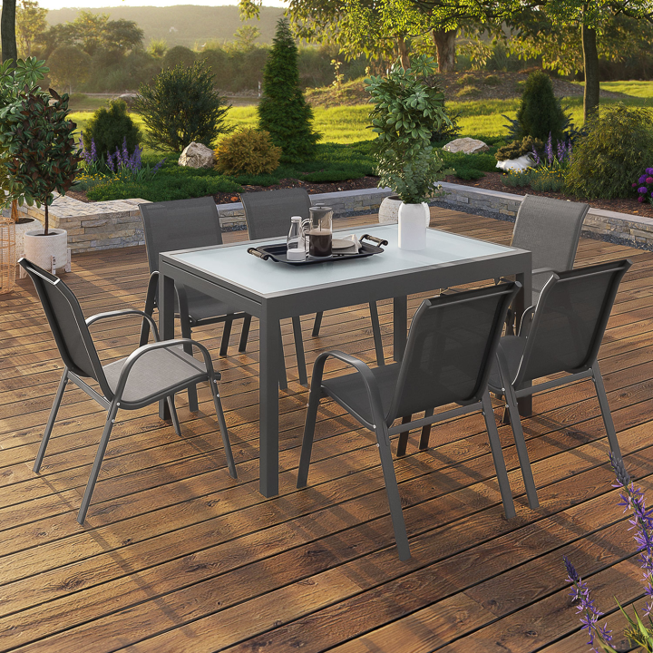 Salon de jardin MADRID table extensible 135-270 CM et 12 chaises empilables gris anthracite