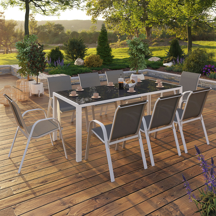 Salon de jardin MADRID table 190 CM et 8 chaises structure blanche plateau gris