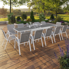 Salon de jardin MADRID table extensible plateau gris 135-270 CM et 12 chaises empilables structure blanche