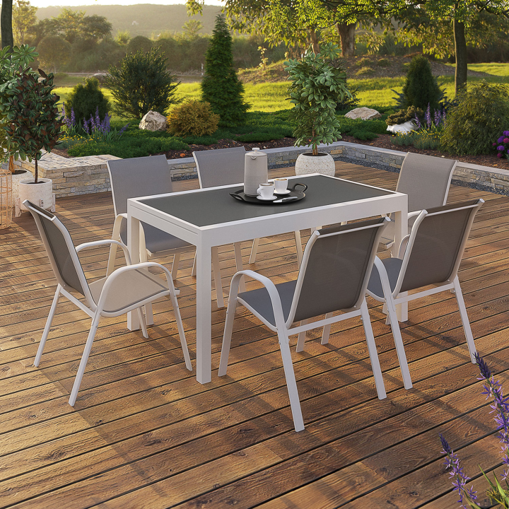 Salon de jardin MADRID table extensible plateau gris 135-270 CM et 12 chaises empilables structure blanche