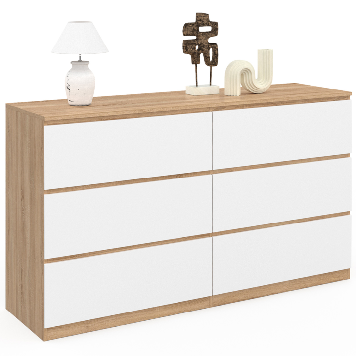 Commode 6 tiroirs TOMI XXL 140 cm bois façon hêtre et blanc