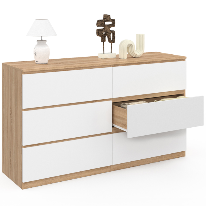 Commode 6 tiroirs TOMI XXL 140 cm bois façon hêtre et blanc