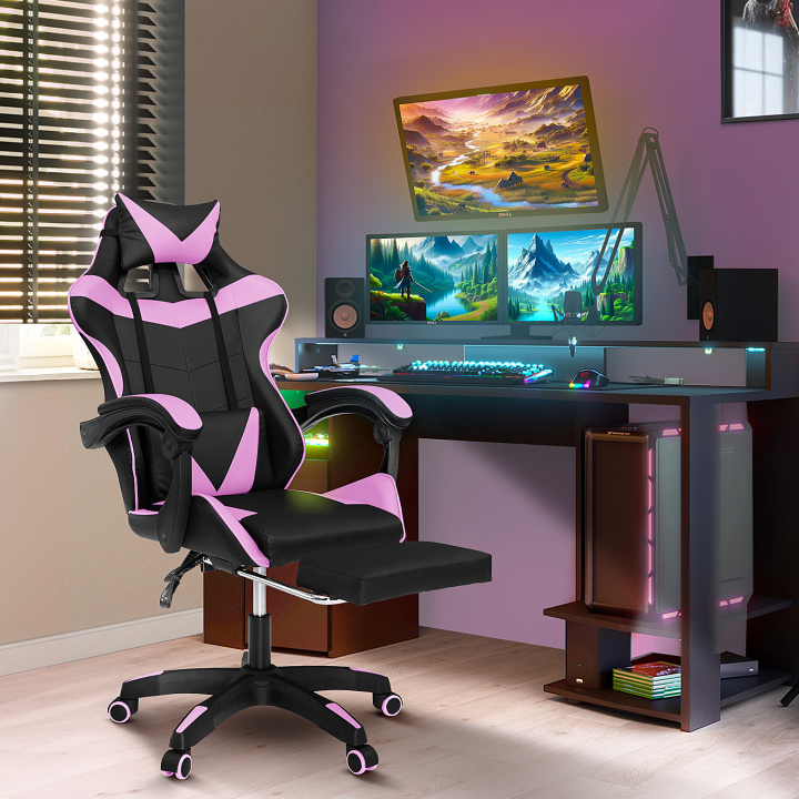 Fauteuil de gaming ALEX réglable avec repose-pied, coussin de tête et coussin lombaire noir et rose