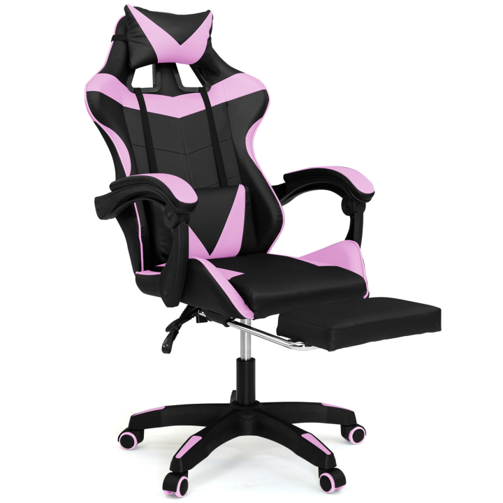 Fauteuil de gaming ALEX réglable avec repose-pied, coussin de tête et coussin lombaire noir et rose