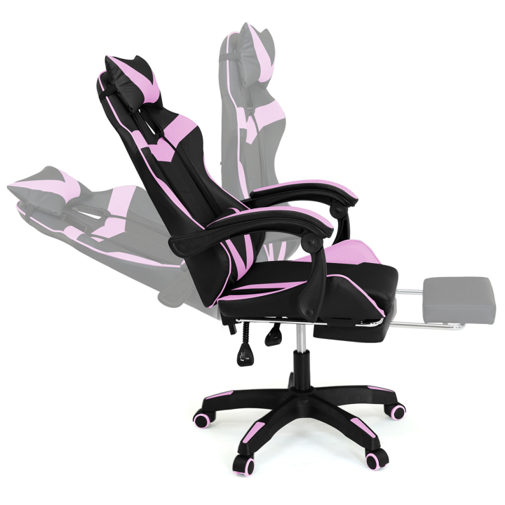 Silla gaming negra y rosa con reposapiés, reposacabezas y cojines lumbares - ALEX | ID Market