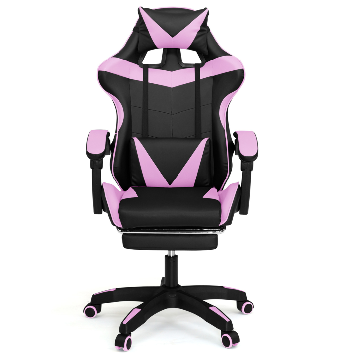 Fauteuil de gaming ALEX réglable avec repose-pied, coussin de tête et coussin lombaire noir et rose