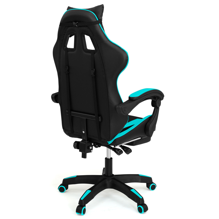 Fauteuil de gaming ALEX réglable avec repose-pied, coussin de tête et coussin lombaire noir et bleu turquoise