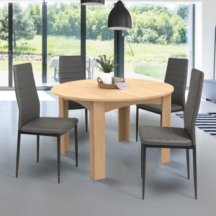 Table à manger extensible ronde DONA 4-6 personnes façon hêtre 110-150 cm