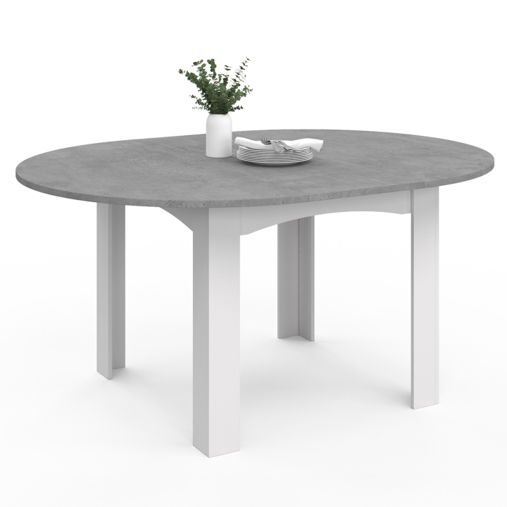 Table à manger extensible ronde DONA 4-6 personnes blanc et effet béton 110-150 cm