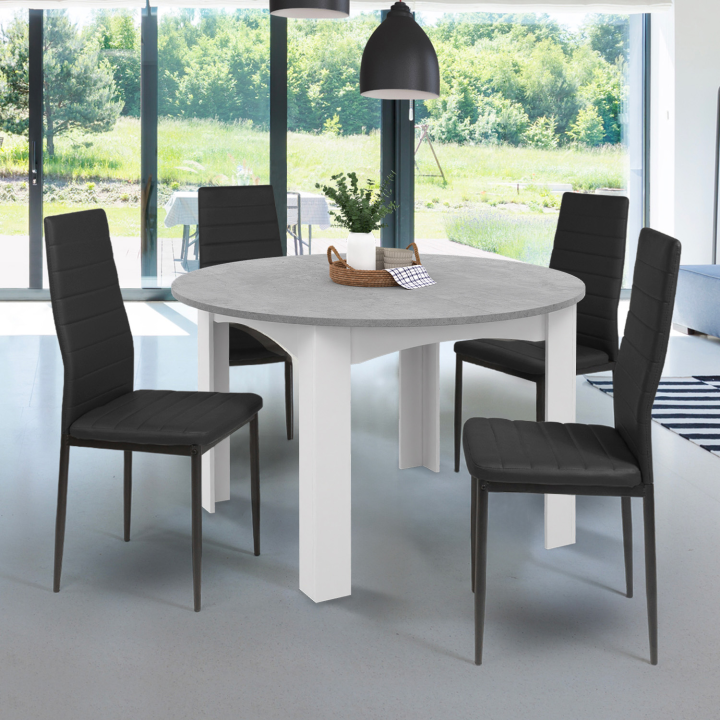 Table à manger extensible ronde DONA 4-6 personnes blanc et effet béton 110-150 cm