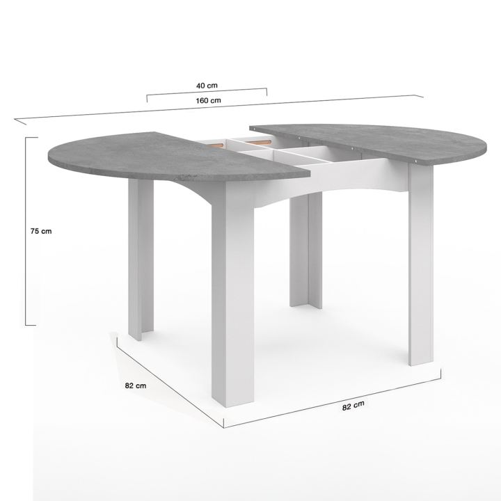 Table à manger extensible ronde DONA 4-6 personnes blanc et effet béton 110-150 cm