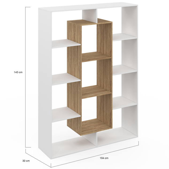 Etagère bibliothèque COLETTE avec 11 compartiments blanc et effet bois H.143 cm