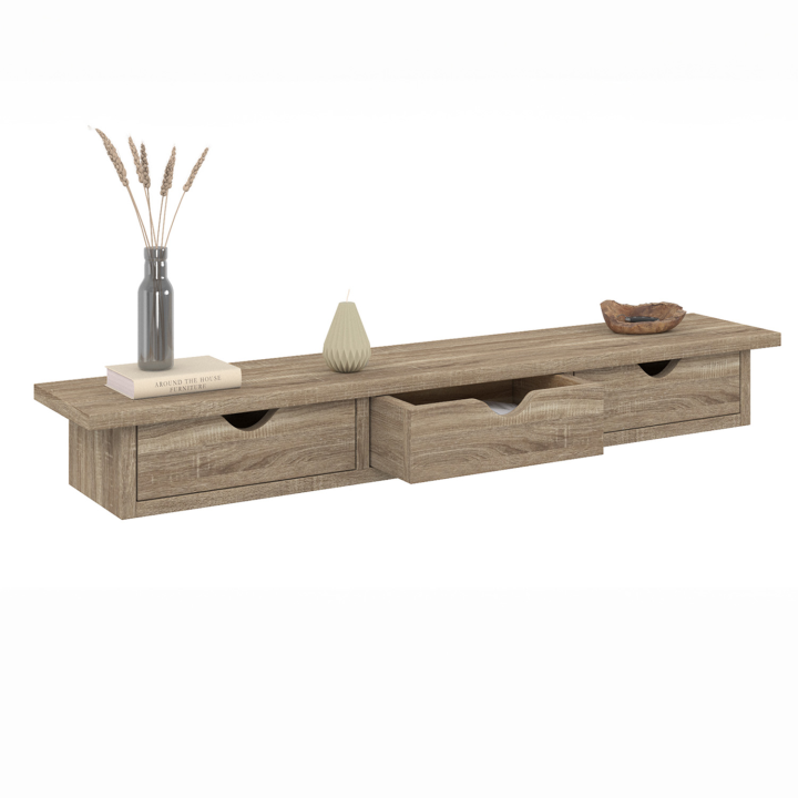 Etagère murale console d'entrée LISE 3 tiroirs façon hêtre