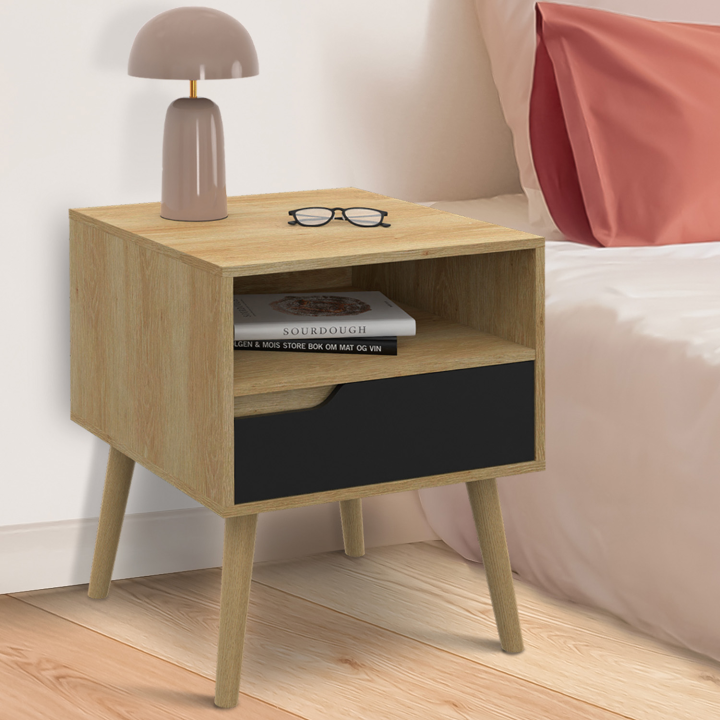 Mesillas de noche escandinavas con efecto madera de haya y 1 cajón negro - HELSINKI | España IDMarket