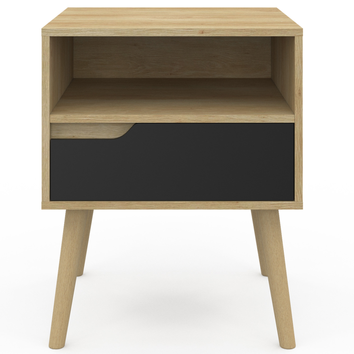 Mesillas de noche escandinavas con efecto madera de haya y 1 cajón negro - HELSINKI | España IDMarket