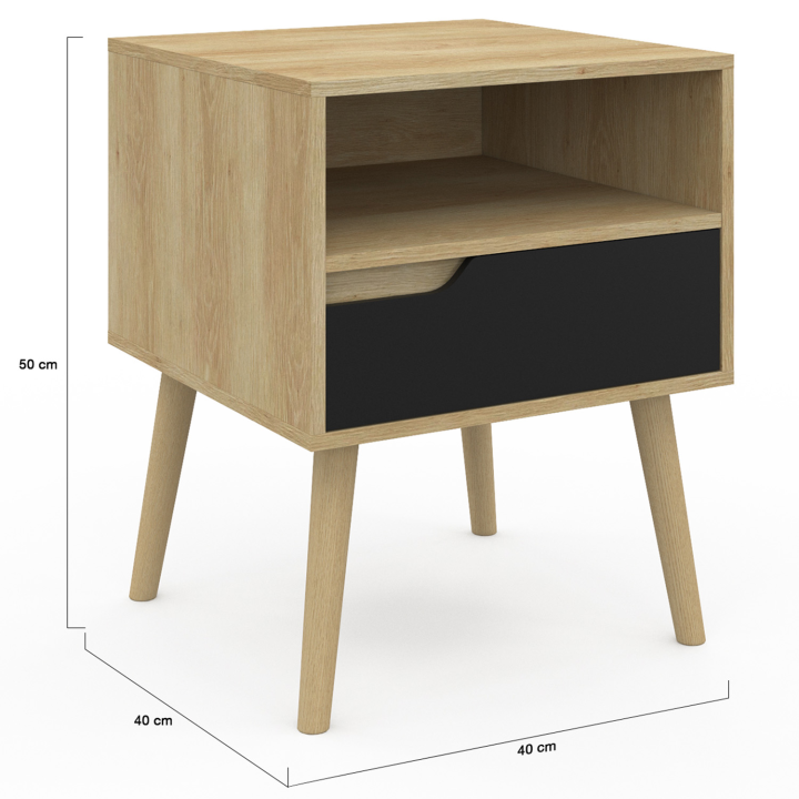 Mesillas de noche escandinavas con efecto madera de haya y 1 cajón negro - HELSINKI | España IDMarket