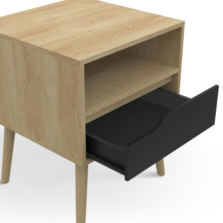 Mesillas de noche escandinavas con efecto madera de haya y 1 cajón negro - HELSINKI | España IDMarket