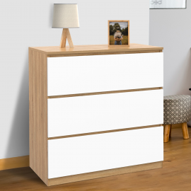 Commode 3 tiroirs TOMI 78 cm façon hêtre et blanc