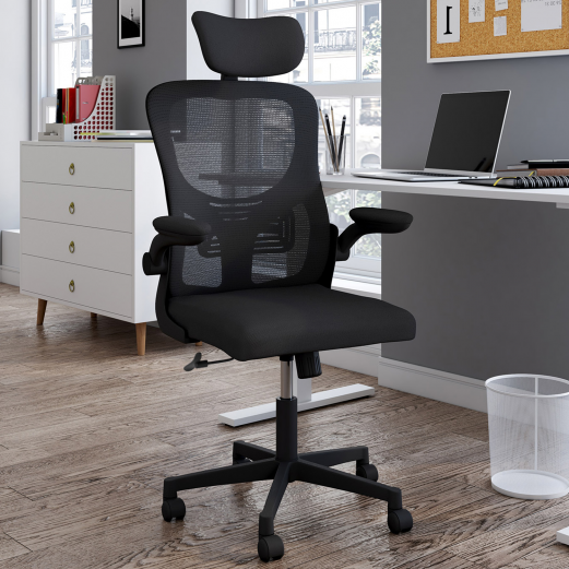 Fauteuil de bureau JAMES en toile respirante et appui-tête avec roulettes noir