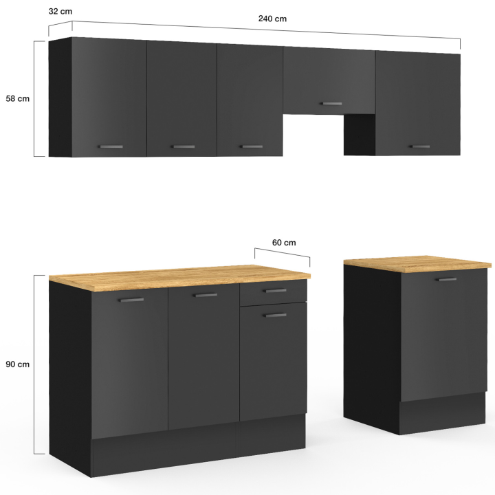 Cocina completa 240 cm negro y madera 7 unidades - SUBTIL | ID Market