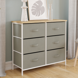 Commode 6 tiroirs en tissu ALTA 80 cm gris clair et plateau effet bois