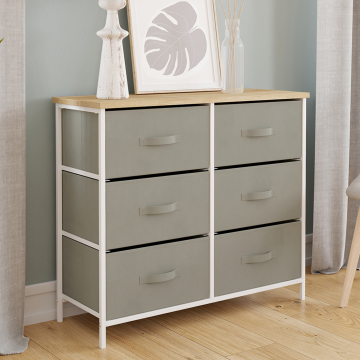 Commode 6 tiroirs en tissu ALTA 80 cm gris clair et plateau effet bois