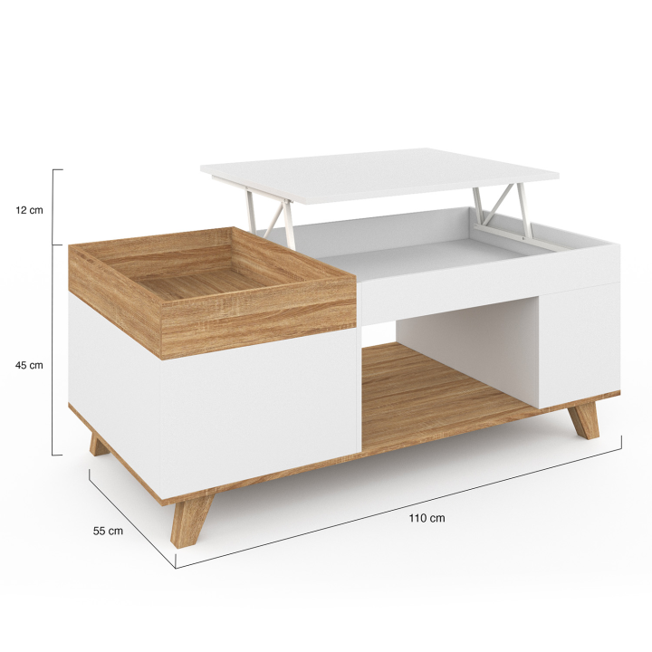 Mesa de centro rectangular de madera y blanca con tablero elevable y caja - LOLA | ID Market