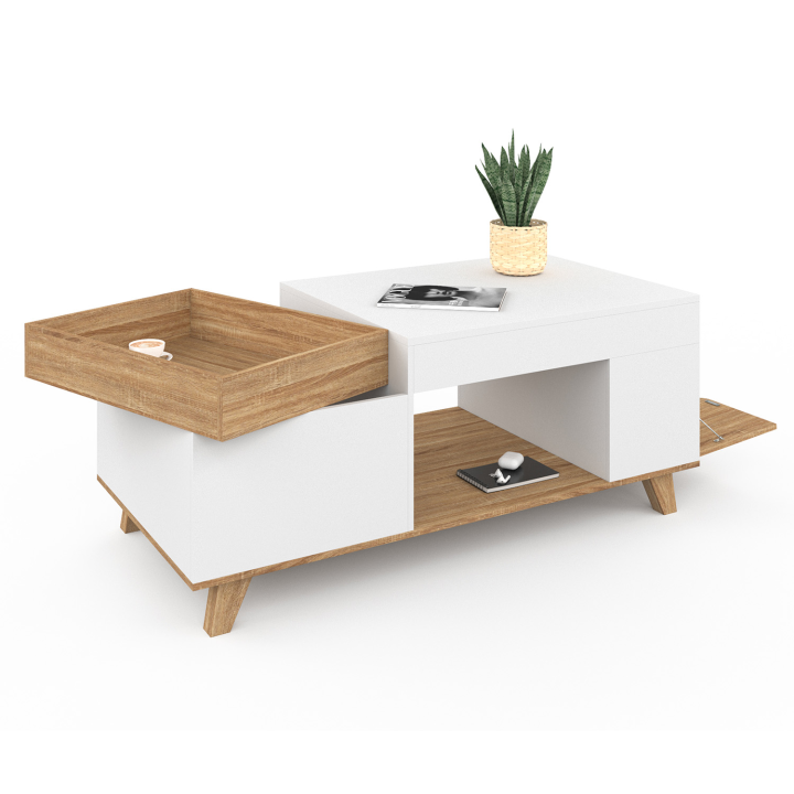 Mesa de centro rectangular de madera y blanca con tablero elevable y caja - LOLA | ID Market